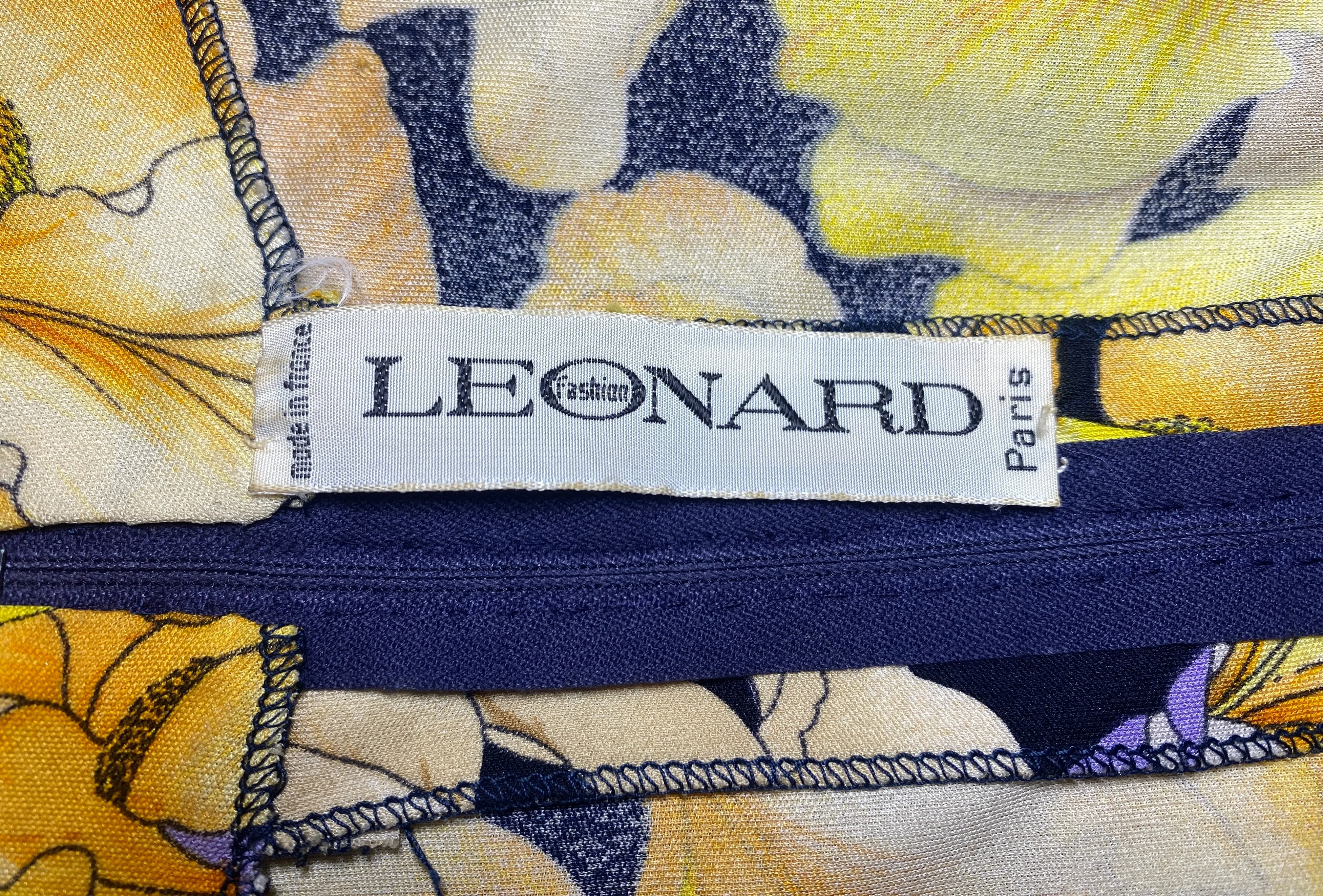 1970s Leonard Floral and Navy Silk Jersey Dress