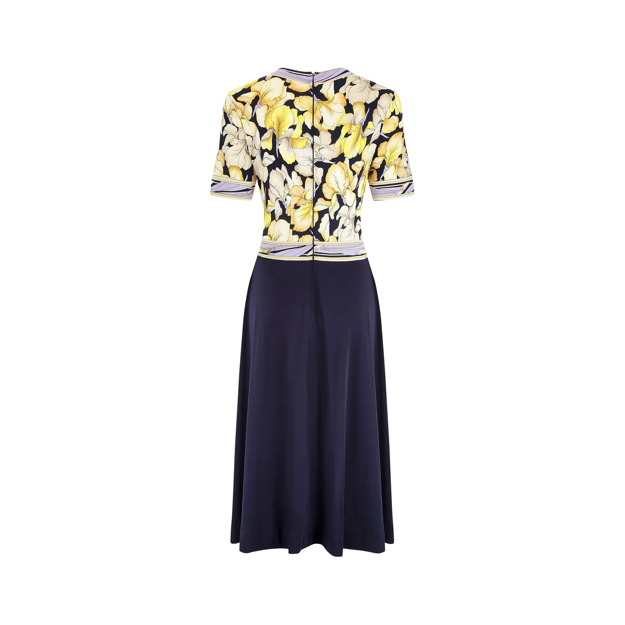1970s Leonard Floral and Navy Silk Jersey Dress