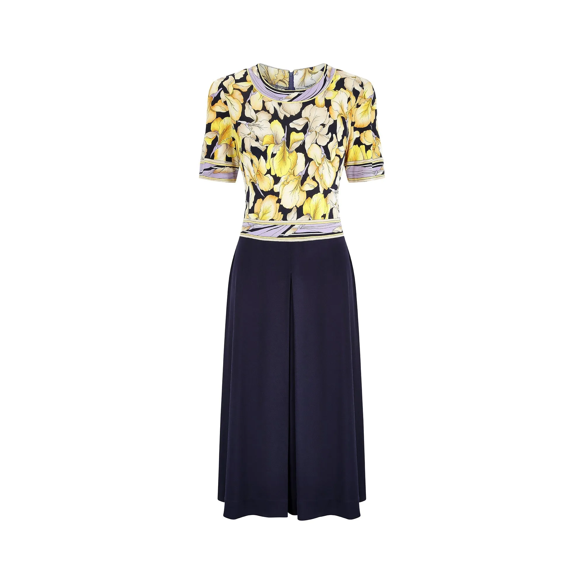 1970s Leonard Floral and Navy Silk Jersey Dress