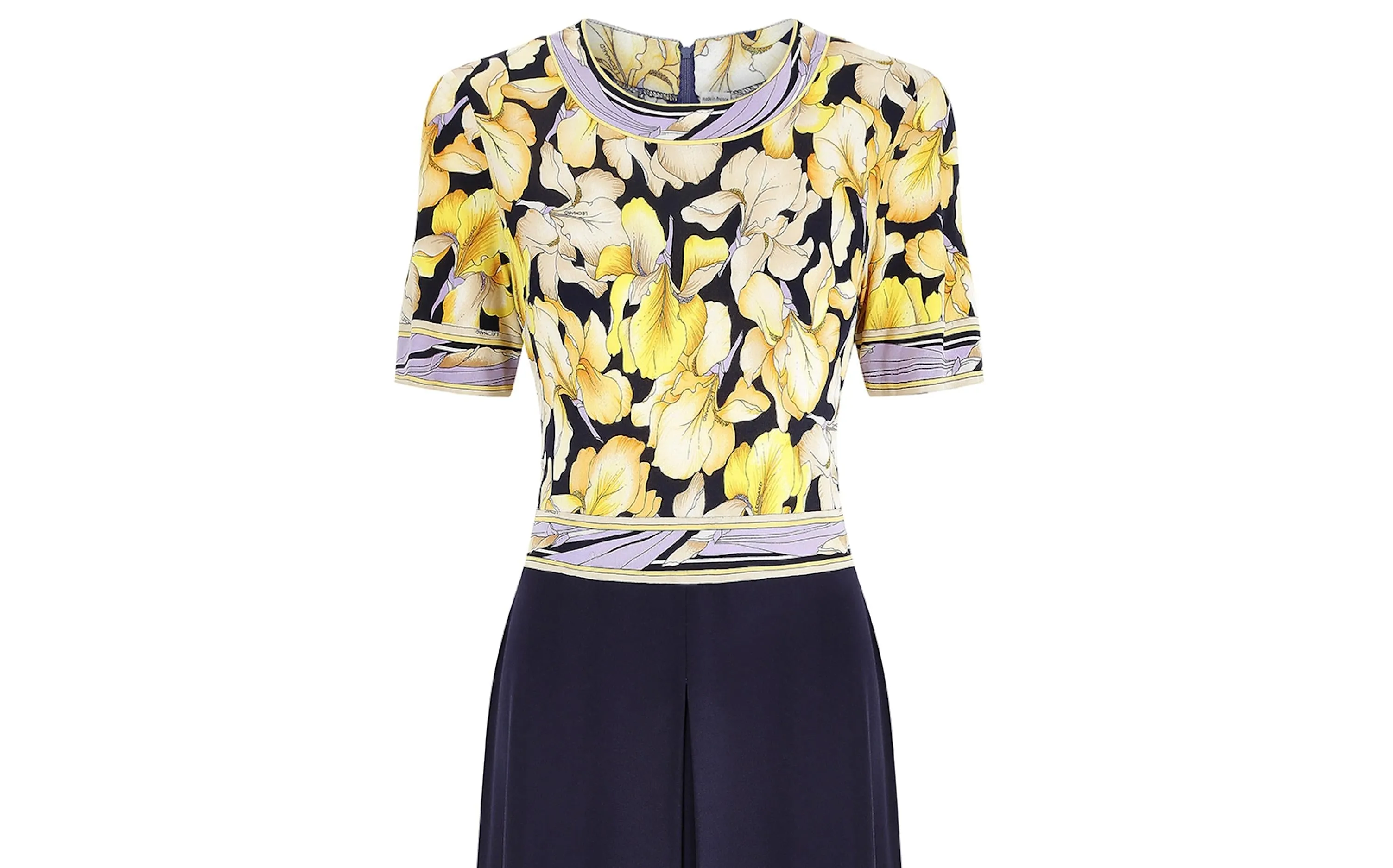 1970s Leonard Floral and Navy Silk Jersey Dress