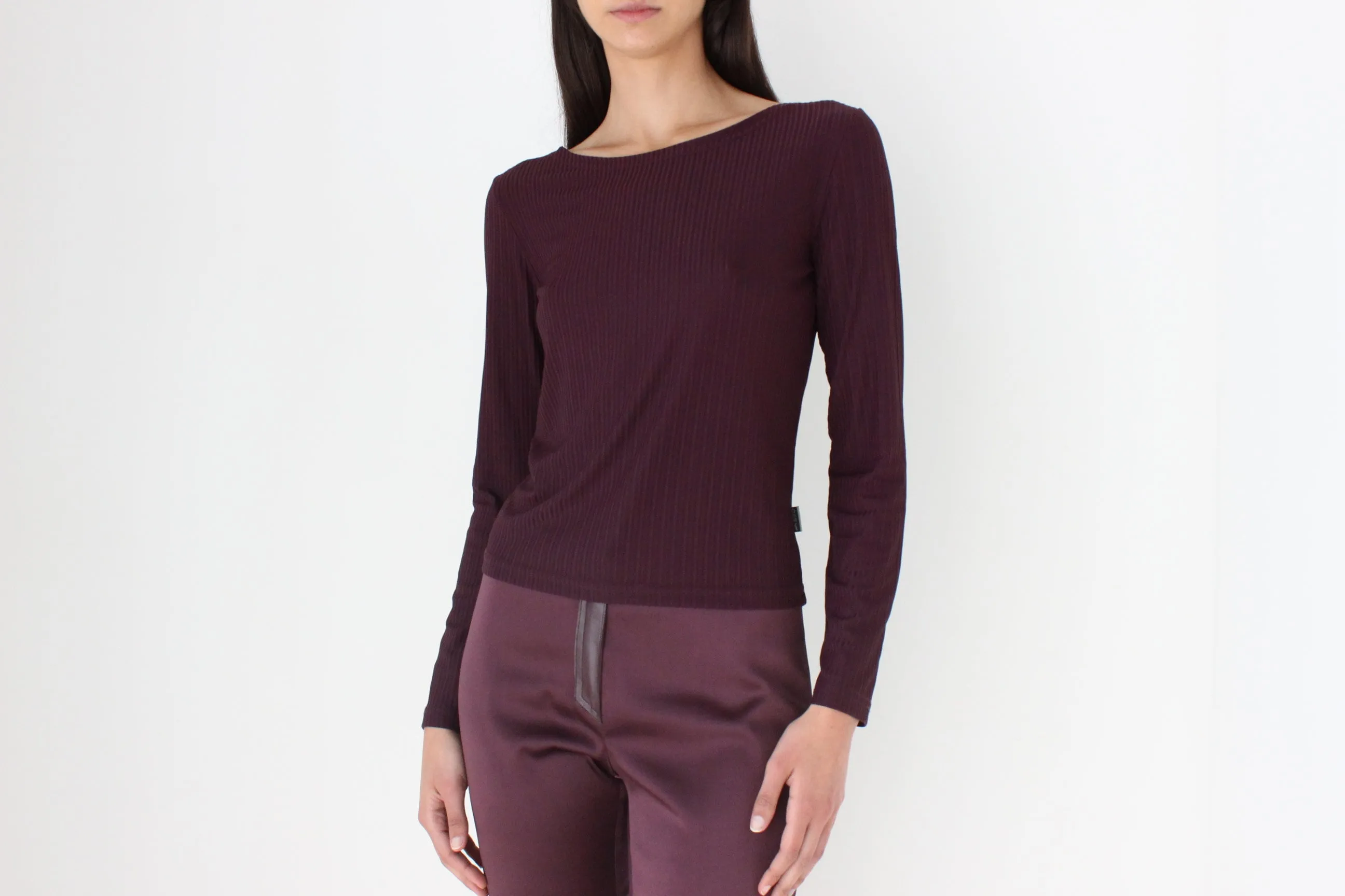 90s Minimal Aubergine Lycra Blend Long Sleeve Top