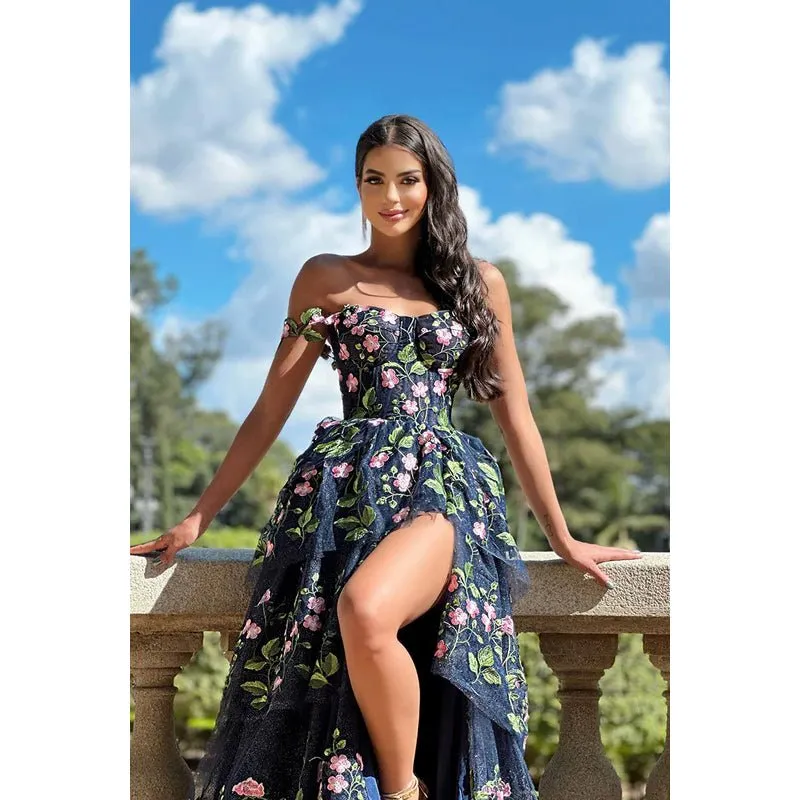 A-Line One Shoulder Tulle Appliques Sleeveless Prom Evening Formal Dress