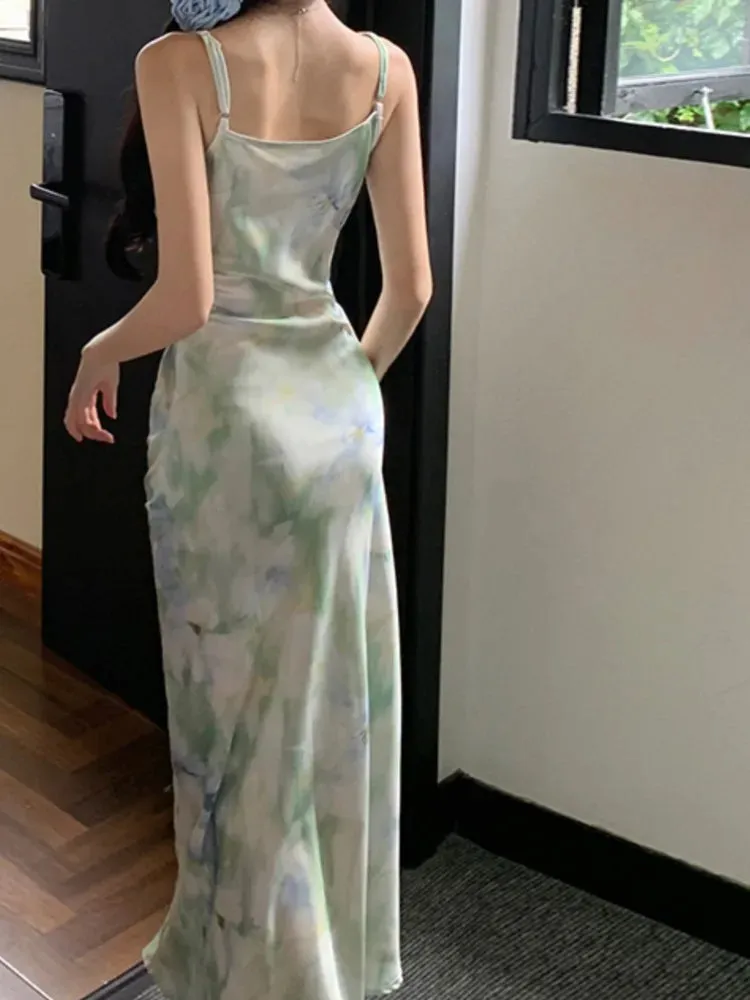 Aiertu New Spaghetti Strap Bodycon Women Summer Dress Sleeveless Floral Print Casual Slim Midi Dresses Female Beach Holiday Vestidos