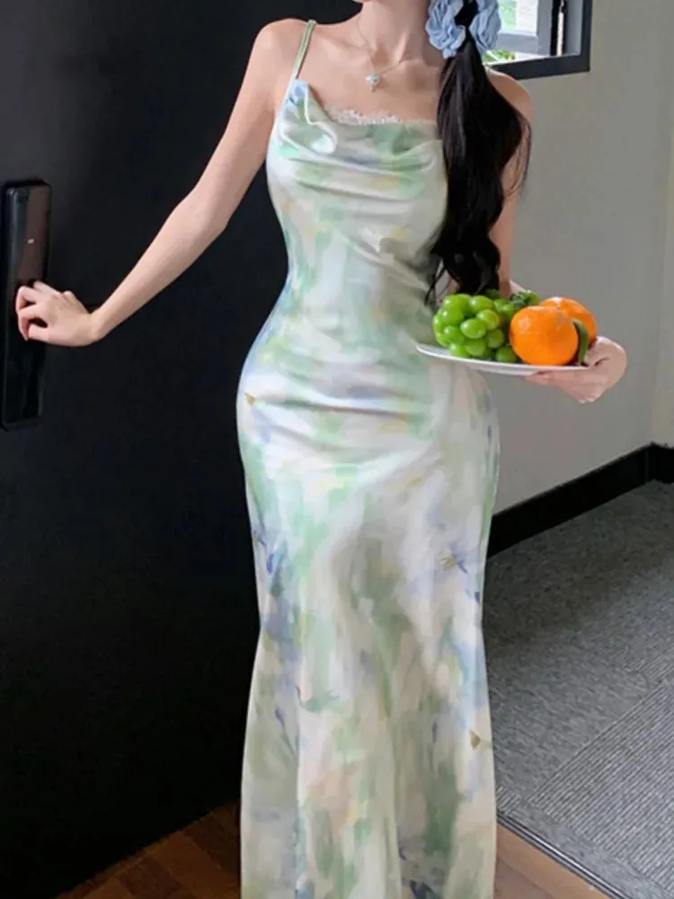 Aiertu New Spaghetti Strap Bodycon Women Summer Dress Sleeveless Floral Print Casual Slim Midi Dresses Female Beach Holiday Vestidos