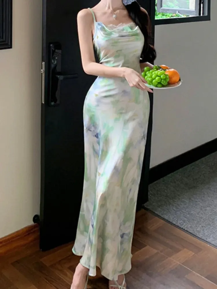 Aiertu New Spaghetti Strap Bodycon Women Summer Dress Sleeveless Floral Print Casual Slim Midi Dresses Female Beach Holiday Vestidos