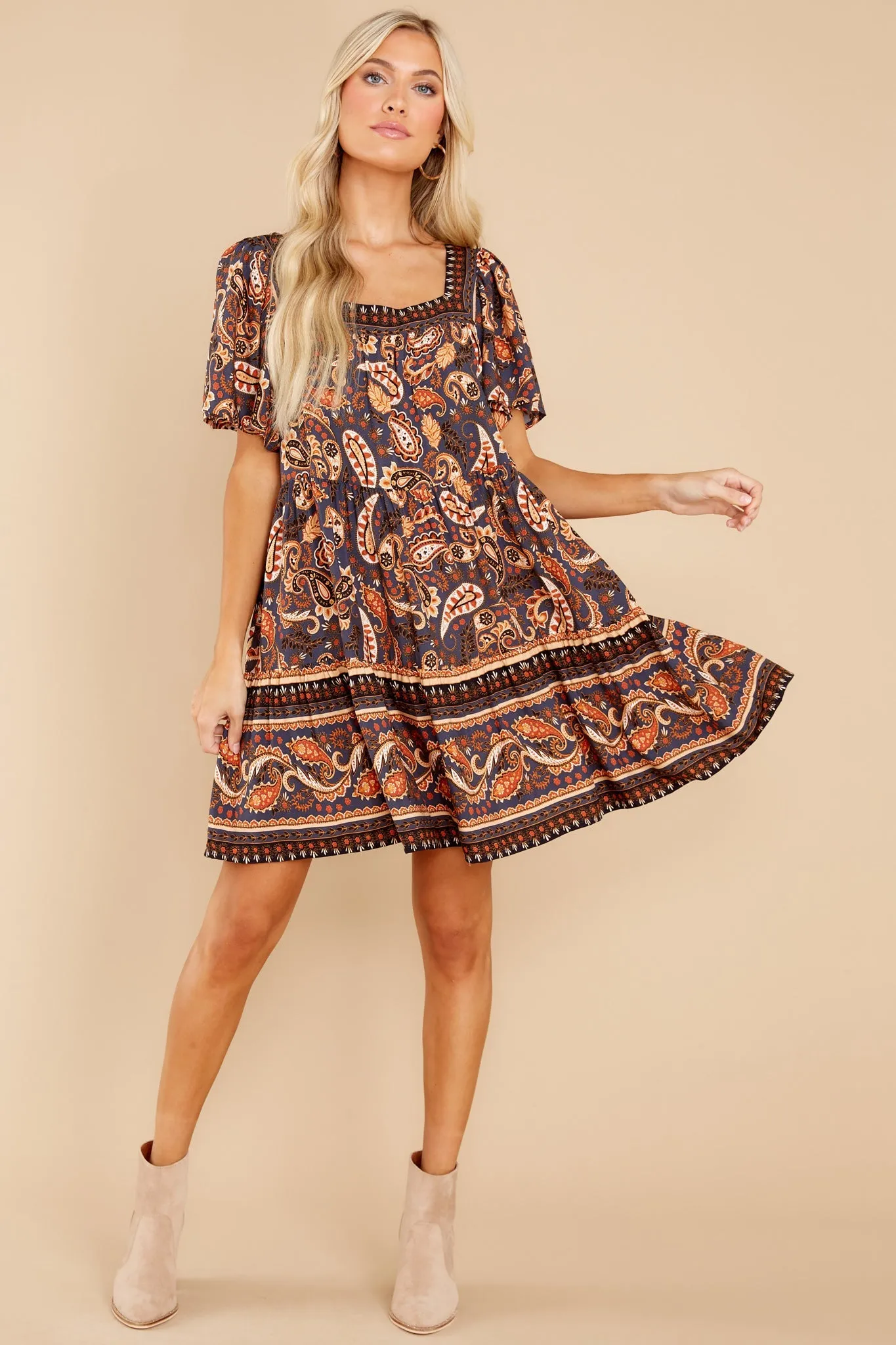 Annual Festivities Indigo And Rust Print Dress
