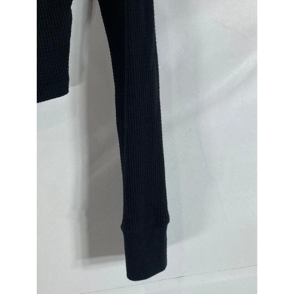 ARITZIA TNA Women's Black Long Sleeve Waffle Knit Split-Neck Cropped Top SZ S