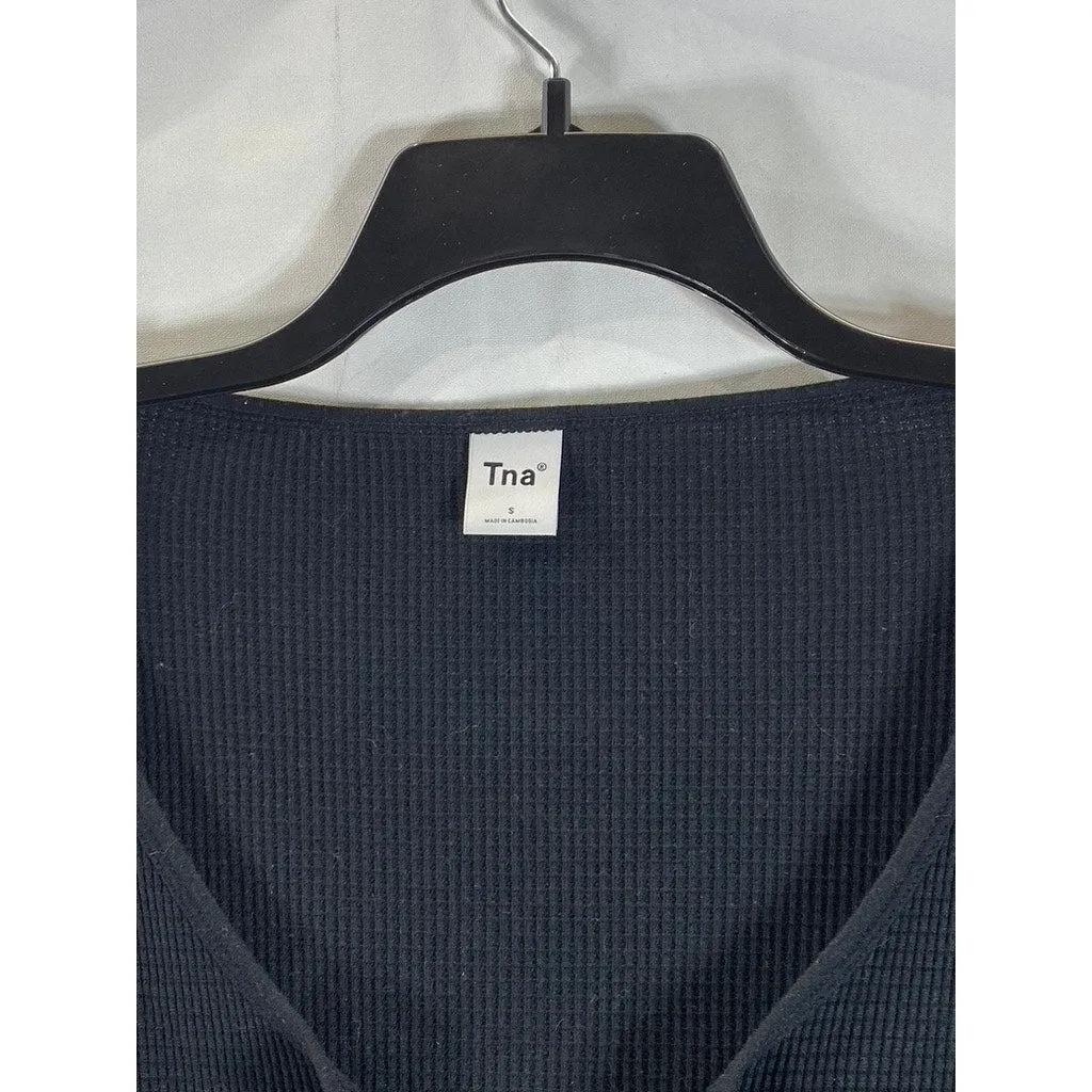 ARITZIA TNA Women's Black Long Sleeve Waffle Knit Split-Neck Cropped Top SZ S