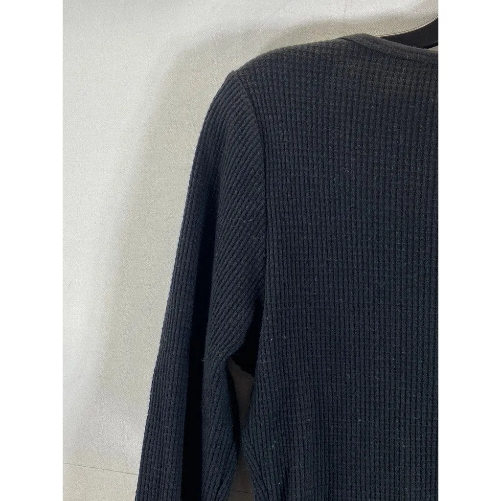 ARITZIA TNA Women's Black Long Sleeve Waffle Knit Split-Neck Cropped Top SZ S
