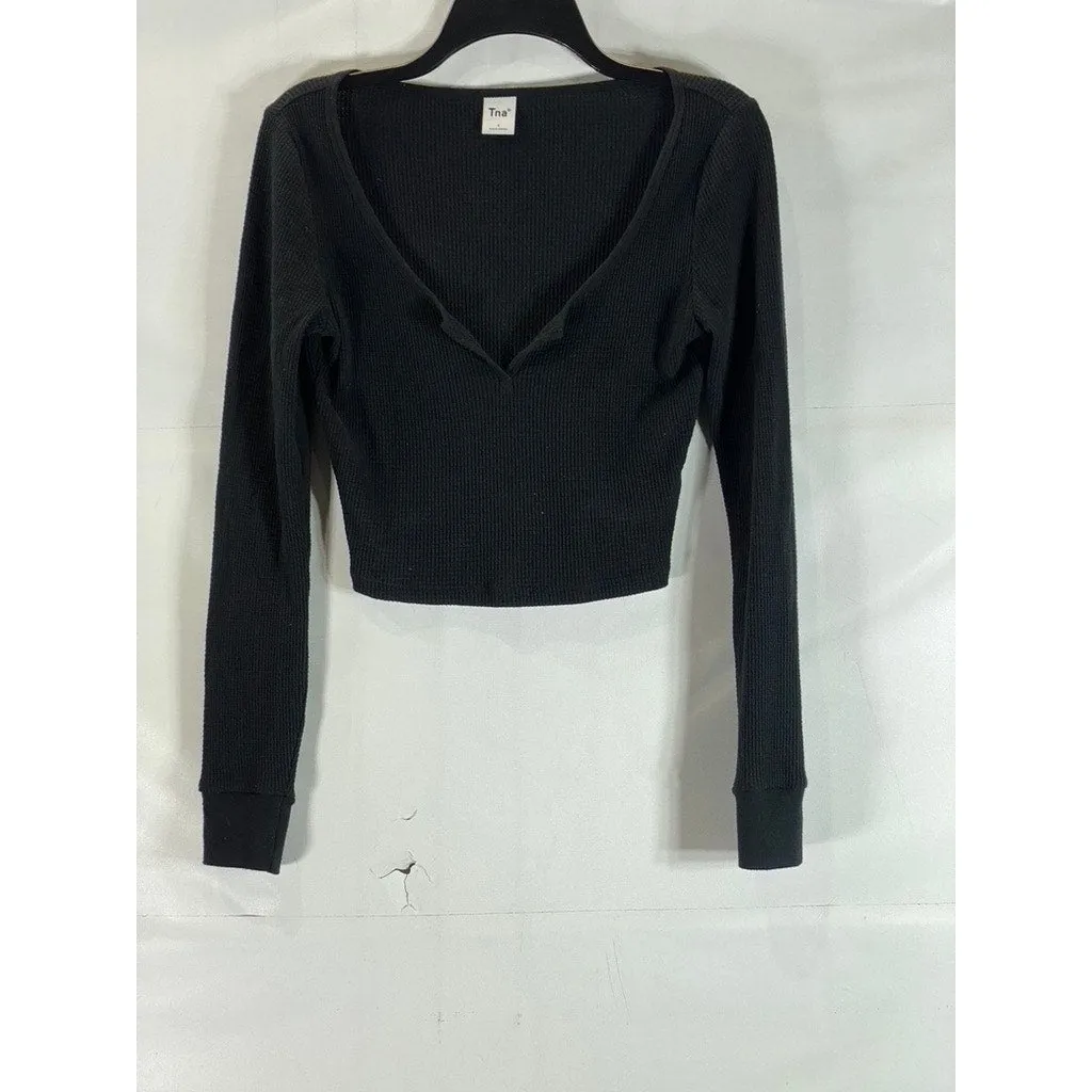 ARITZIA TNA Women's Black Long Sleeve Waffle Knit Split-Neck Cropped Top SZ S