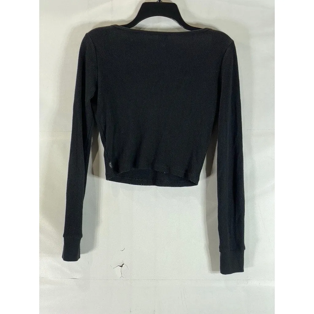 ARITZIA TNA Women's Black Long Sleeve Waffle Knit Split-Neck Cropped Top SZ S