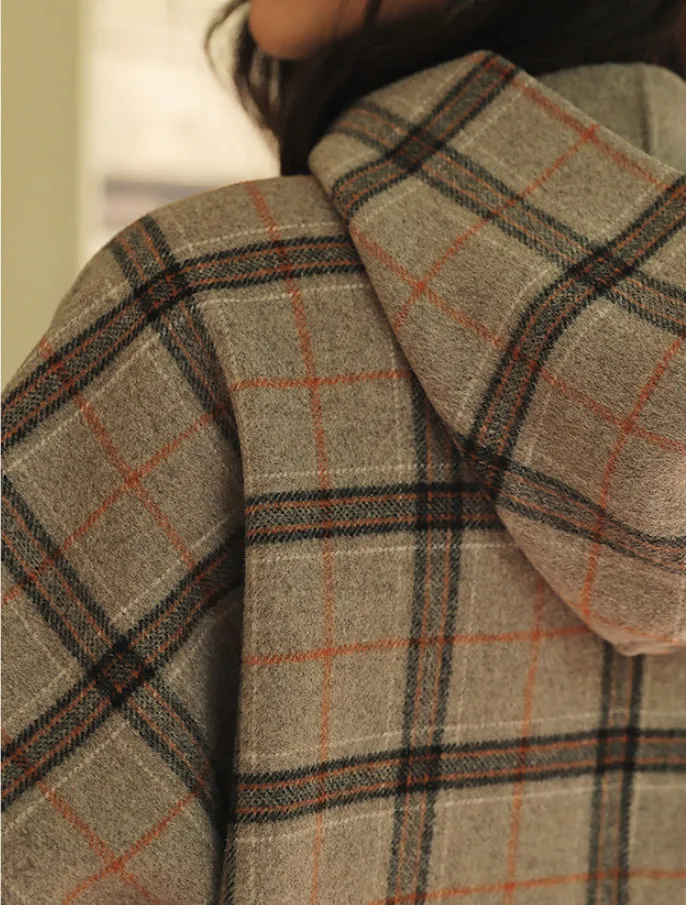 ARTKA LONG LINE CHECK HOODED COAT WITH PATCHED POCKET