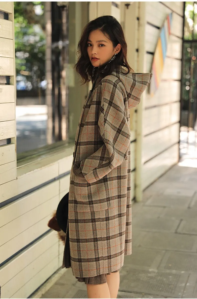 ARTKA LONG LINE CHECK HOODED COAT WITH PATCHED POCKET
