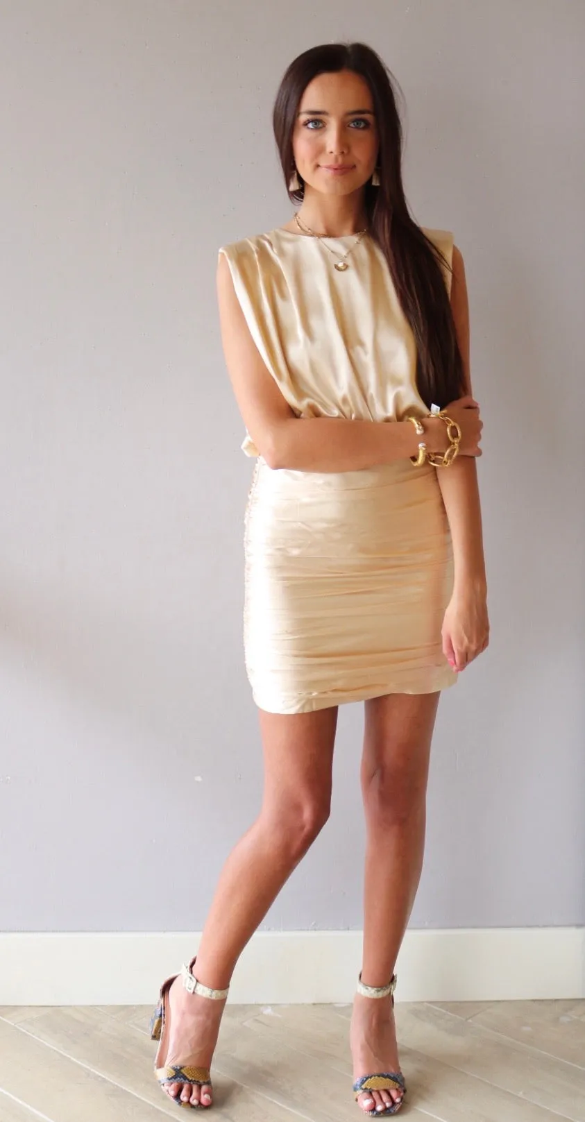 ATHENS BoatNeck RoucheBottom Satin Bodycon Dress