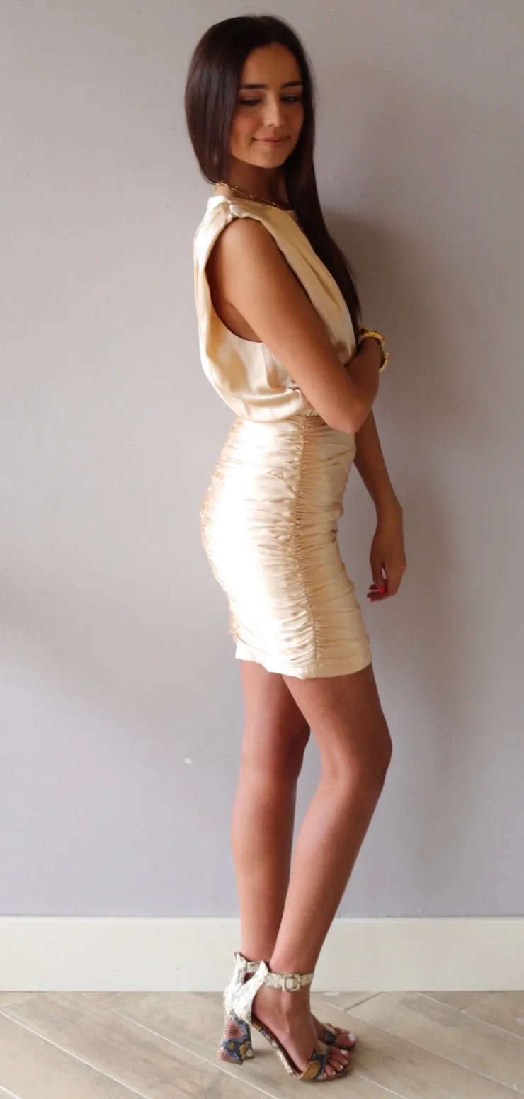 ATHENS BoatNeck RoucheBottom Satin Bodycon Dress