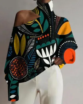Black Folk Art Vintage Printed Turtleneck Long-sleeved Top
