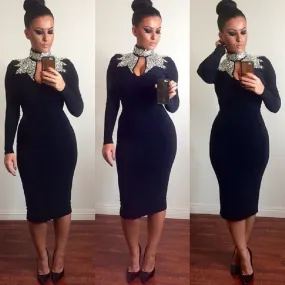 Black High Neck Sequin Front Hollow Cut Out Dress
