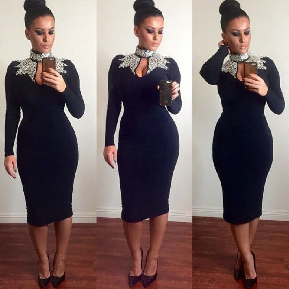 Black High Neck Sequin Front Hollow Cut Out Dress