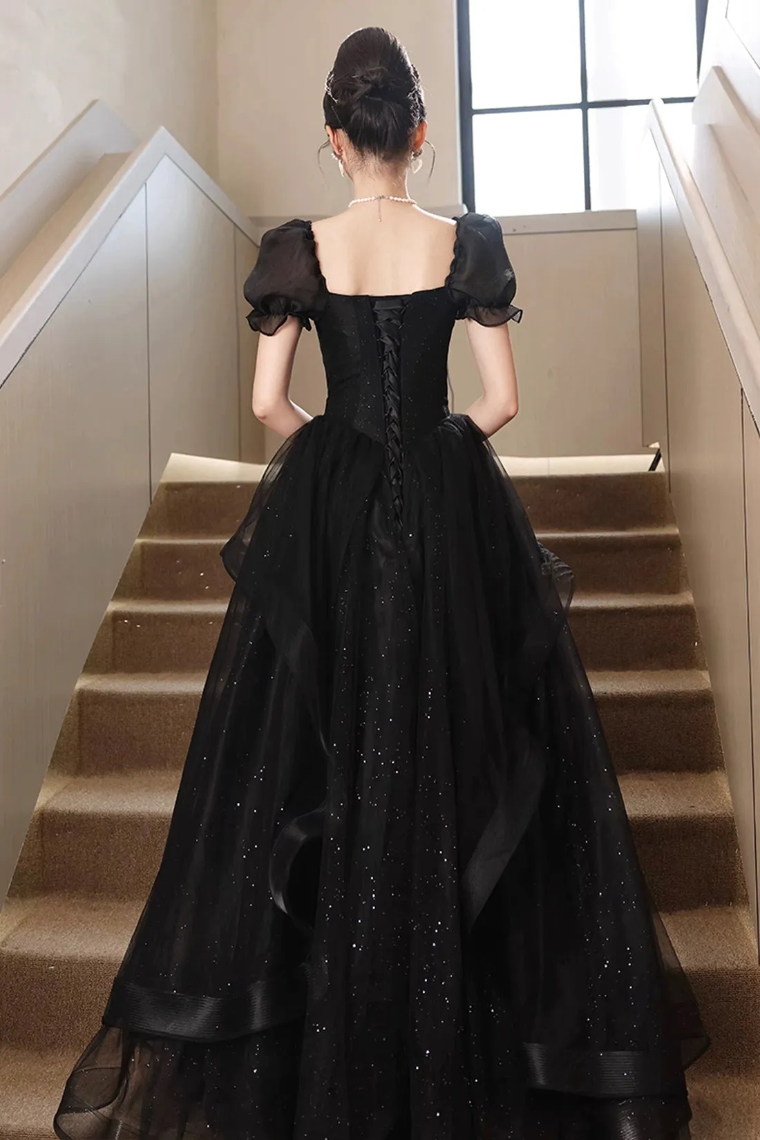Black Tulle Lace Short Sleeve Floor Length Prom Dress, Black A-Line Evening Party Dress