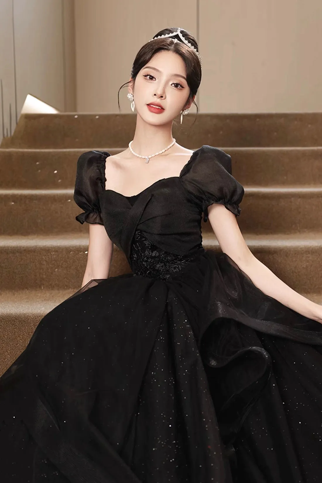 Black Tulle Lace Short Sleeve Floor Length Prom Dress, Black A-Line Evening Party Dress