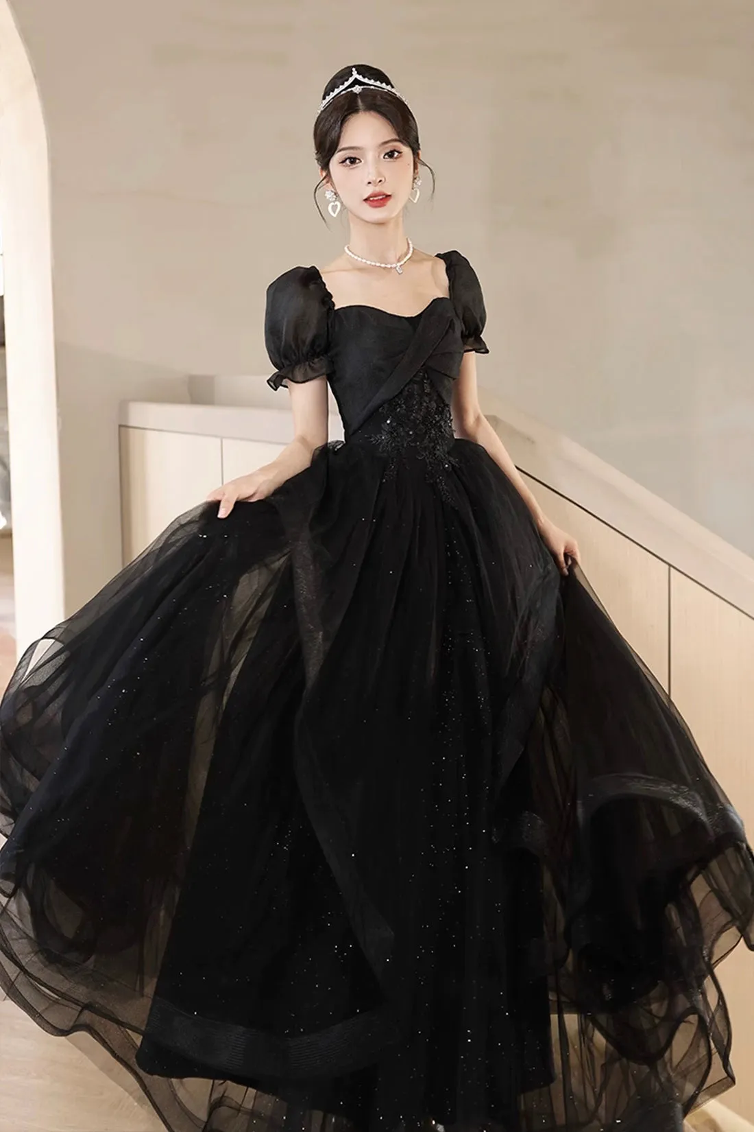 Black Tulle Lace Short Sleeve Floor Length Prom Dress, Black A-Line Evening Party Dress