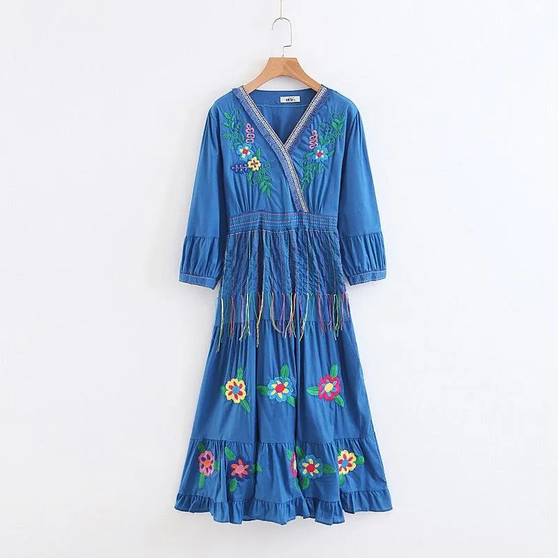 Boho Gypsy Floral Embroidery V Neck Maxi Dress