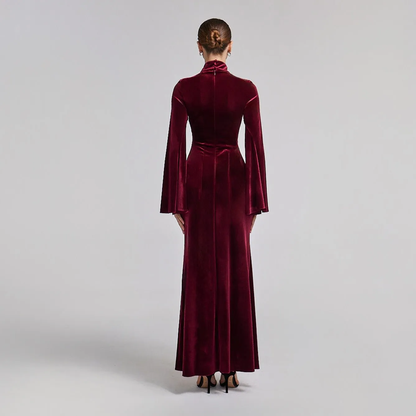 Burgundy High Neck Flared Sleeve Velvet Dress