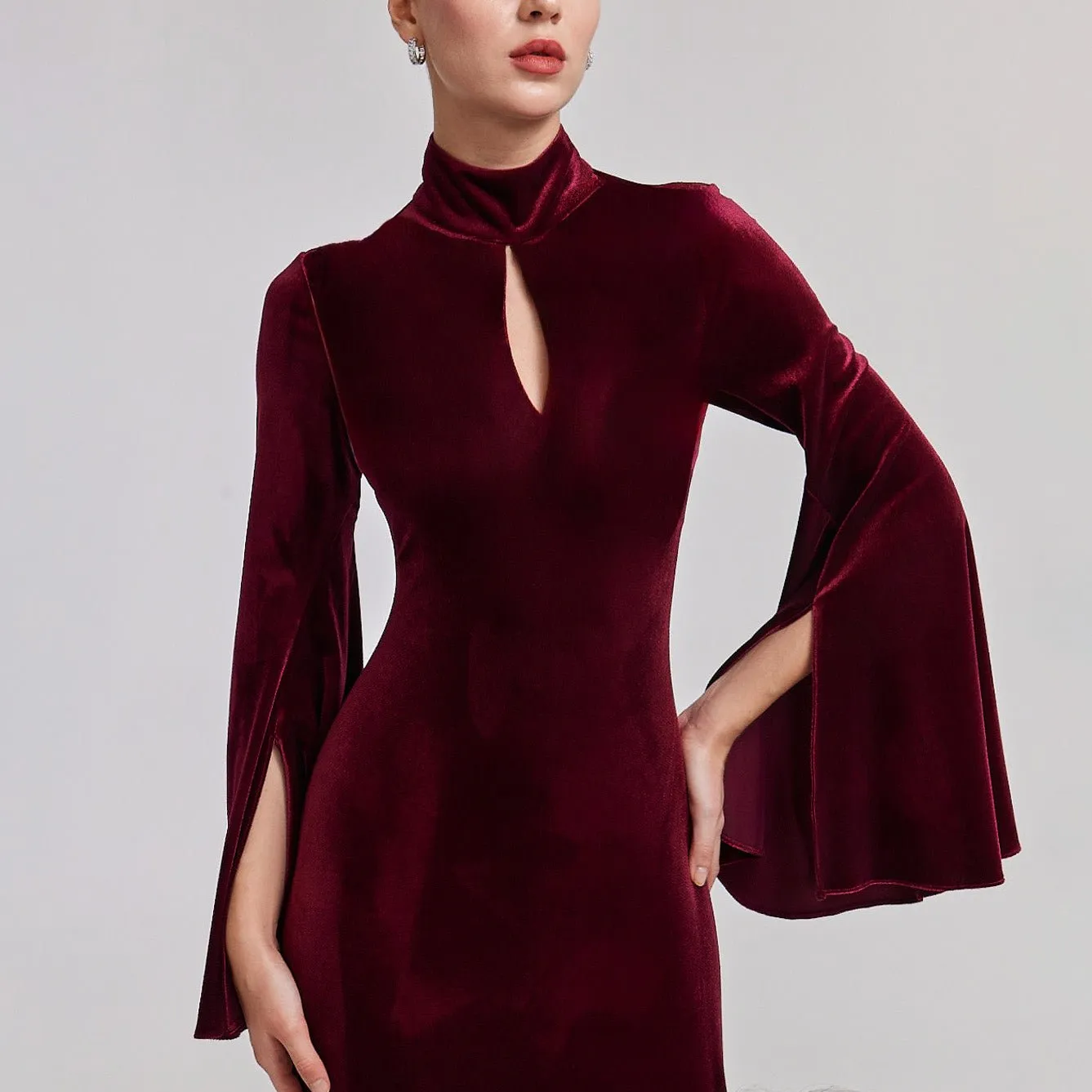 Burgundy High Neck Flared Sleeve Velvet Dress