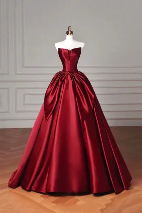 Burgundy Satin Long Prom Dress, Burgundy A-Line Strapless Evening Party Dress