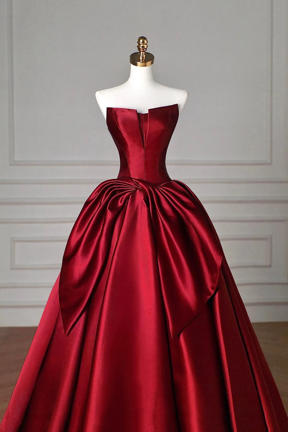Burgundy Satin Long Prom Dress, Burgundy A-Line Strapless Evening Party Dress
