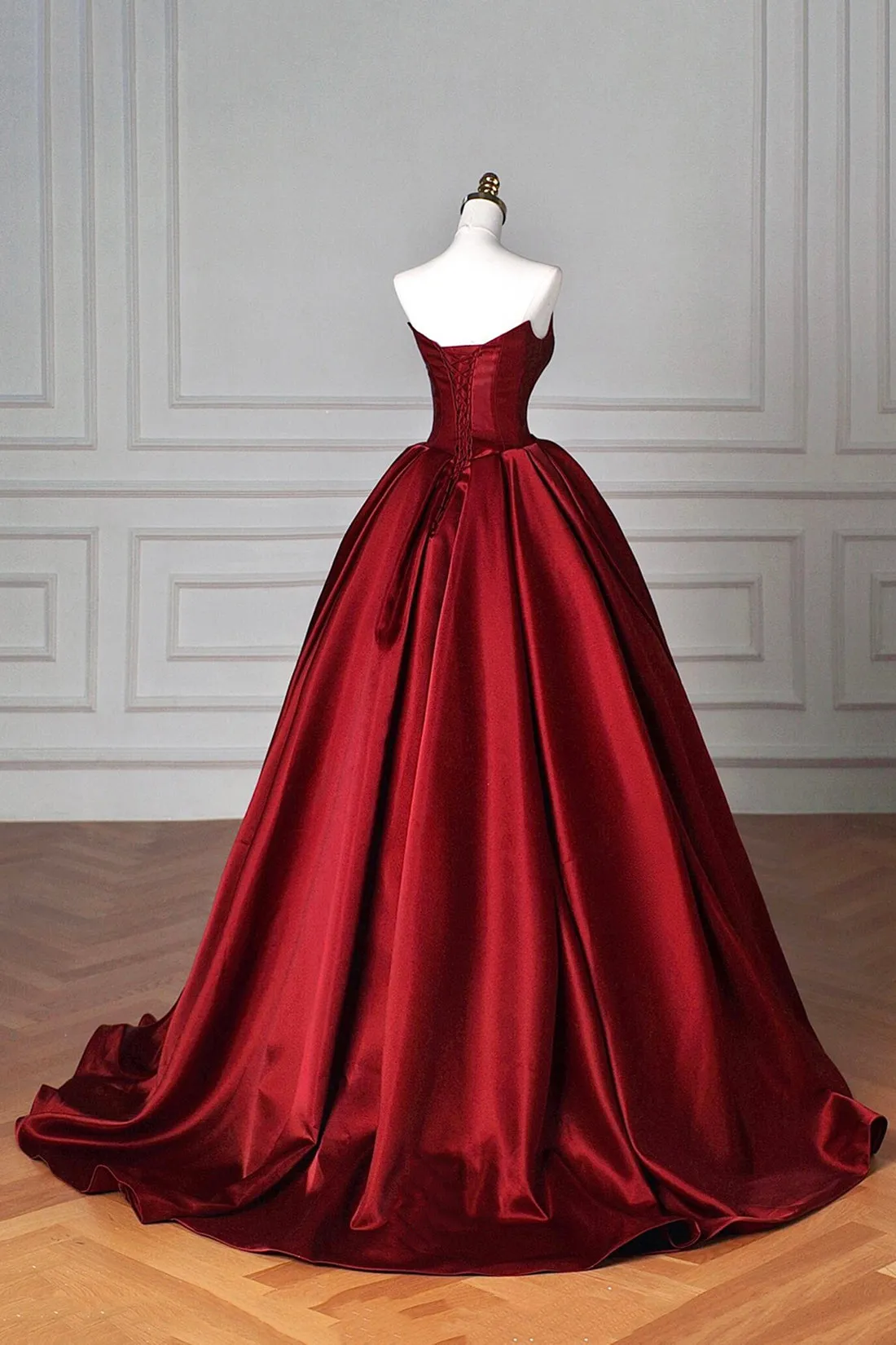 Burgundy Satin Long Prom Dress, Burgundy A-Line Strapless Evening Party Dress