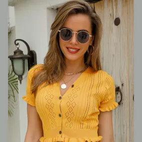 Buttoned Frill Hem Cropped Knit Top