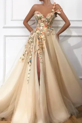 Champagne Tulle Long A-Line Prom Dress, Off the Shoulder Evening Dress with Slit