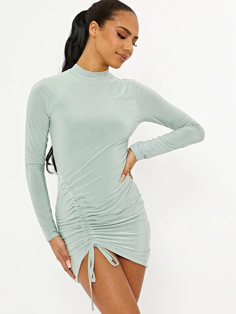 Chloe Drawstring Ruched Slinky Dress In Sage Green