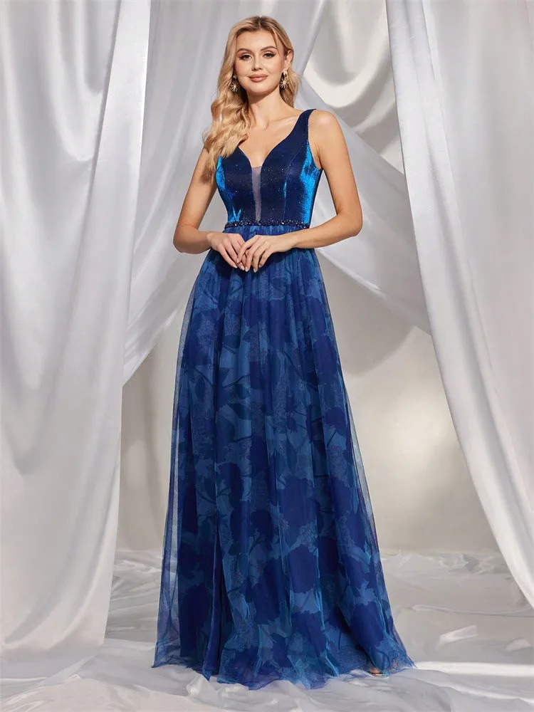 Deep V Plunge Floral Print Rhinestone Evening Dress
