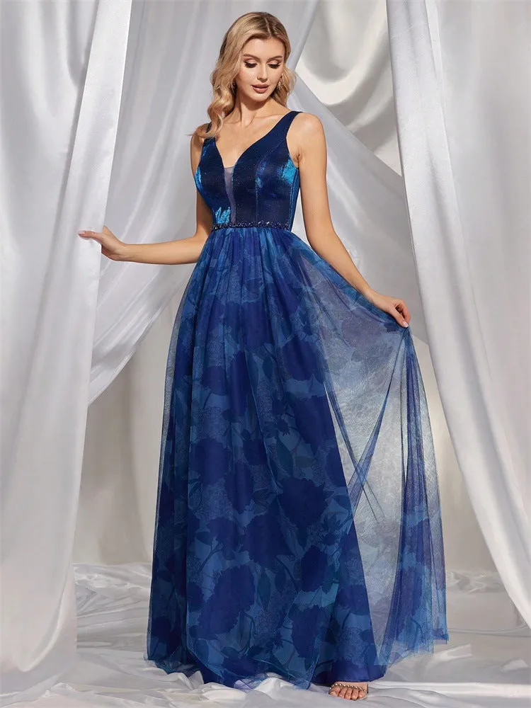 Deep V Plunge Floral Print Rhinestone Evening Dress