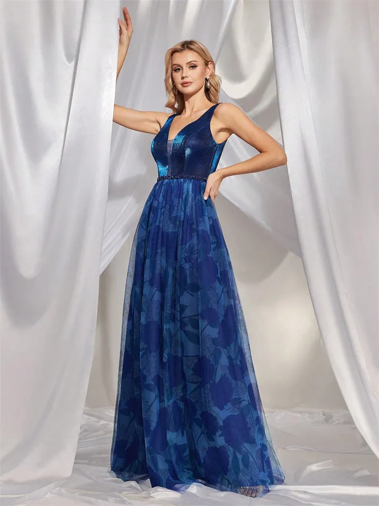 Deep V Plunge Floral Print Rhinestone Evening Dress