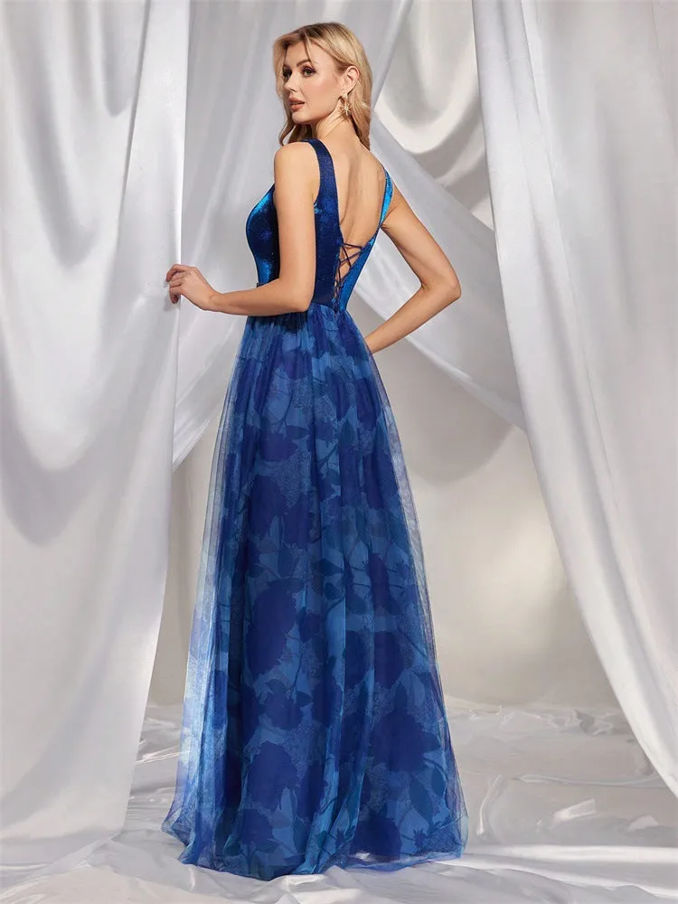 Deep V Plunge Floral Print Rhinestone Evening Dress