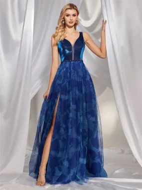 Deep V Plunge Floral Print Rhinestone Evening Dress