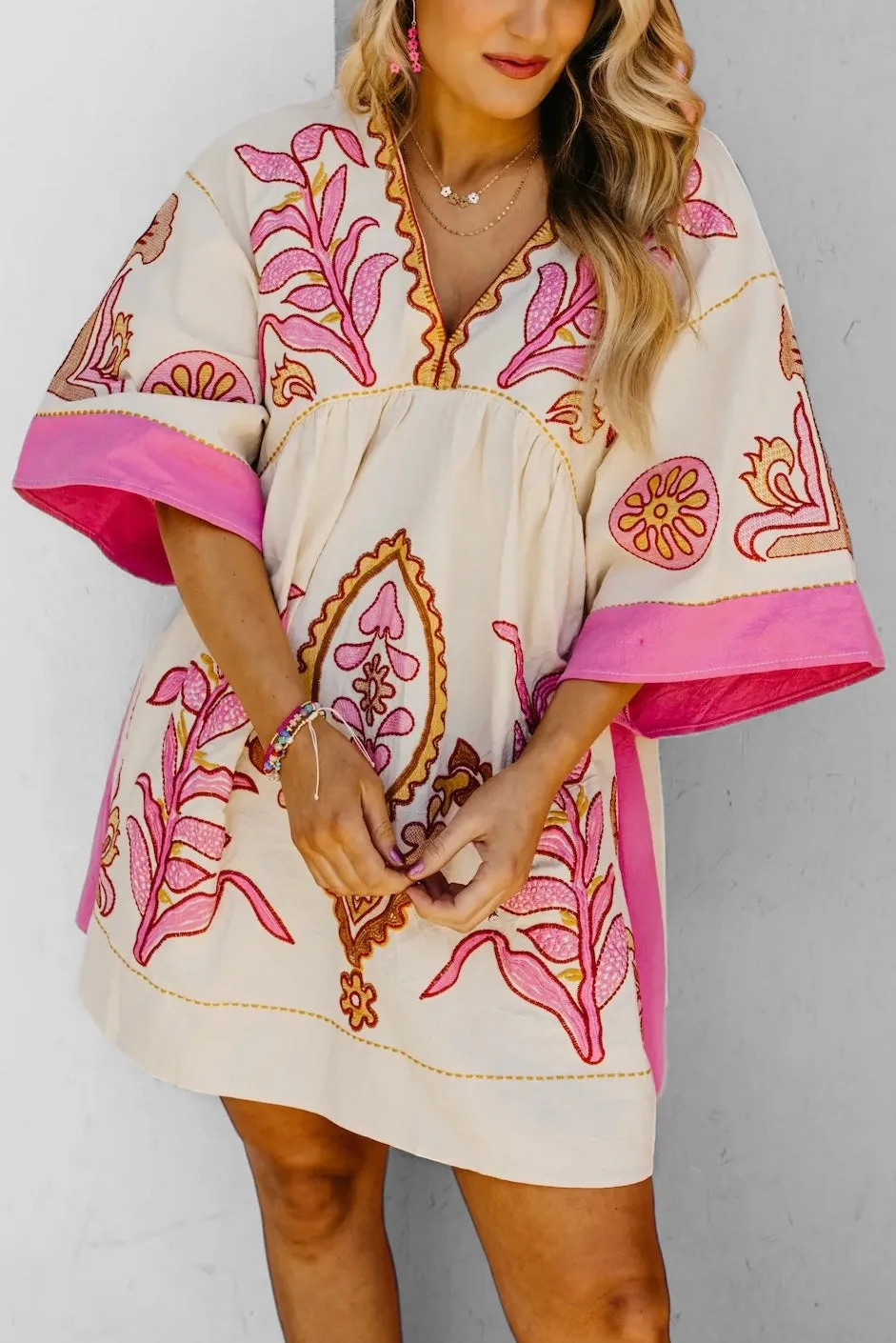 Desert Days Embroidered V Neck Half Sleeve Babydoll Dress