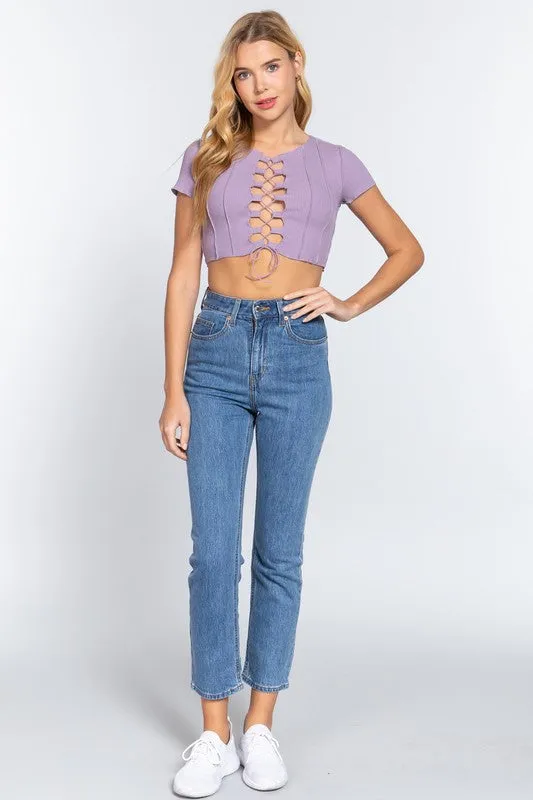 Dusty Lavender Front Lace Up Overlock Seam Detail Crop Top