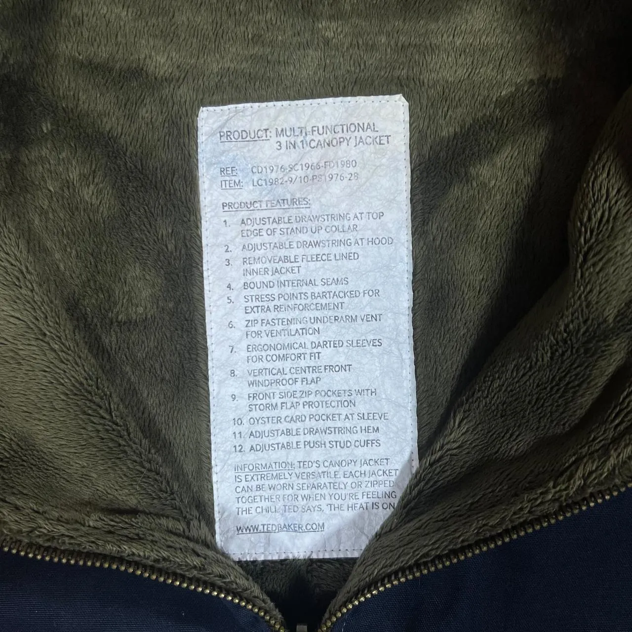 Early 00's TED BAKER "3 In 1 Canopy Jacket" Fleece Lined Bomber Inner Jacket