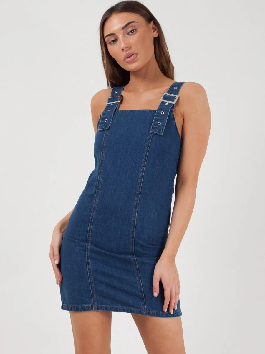 Eleanor Buckle Strap Mini Denim Dress In Denim Blue
