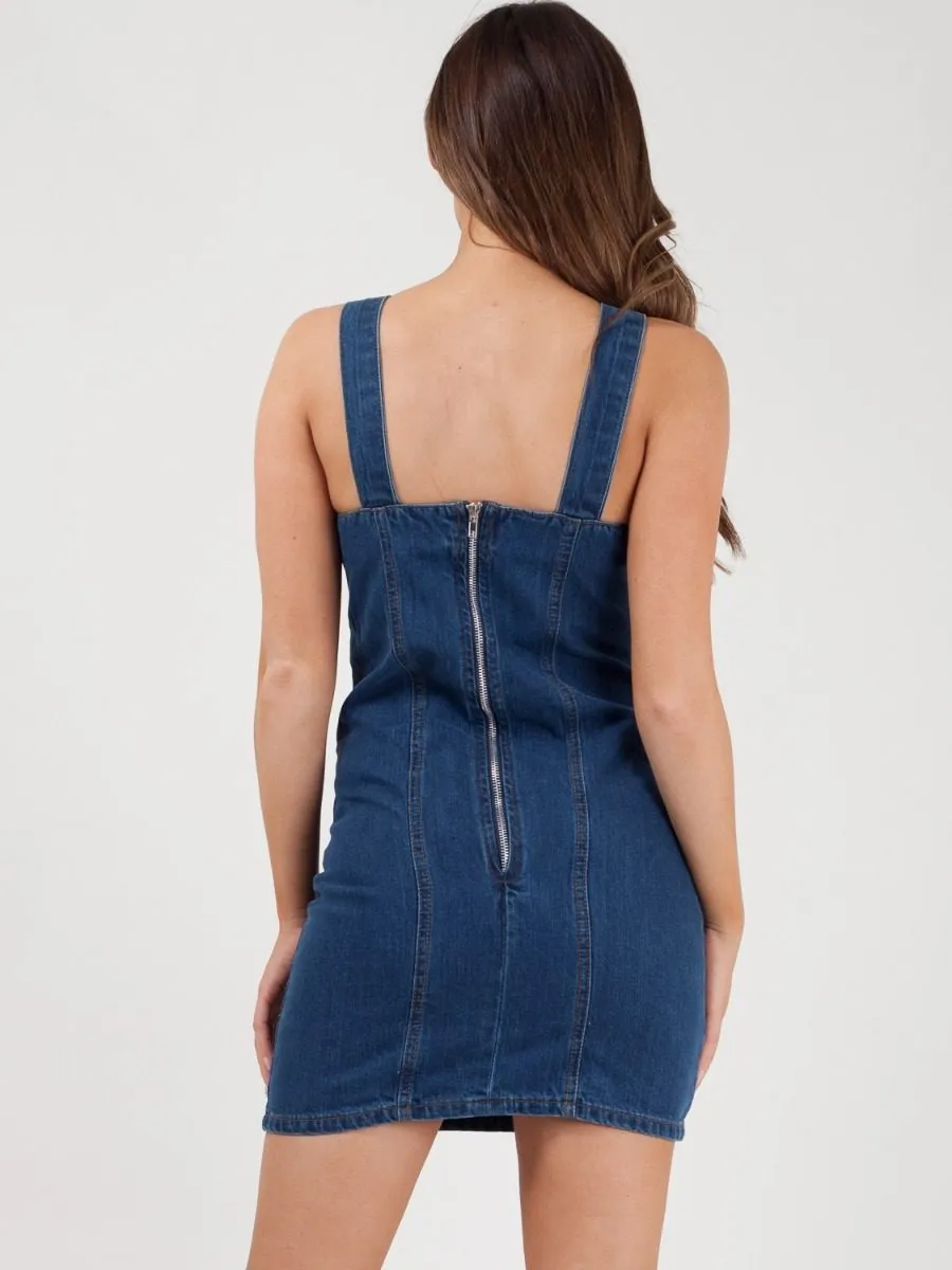 Eleanor Buckle Strap Mini Denim Dress In Denim Blue