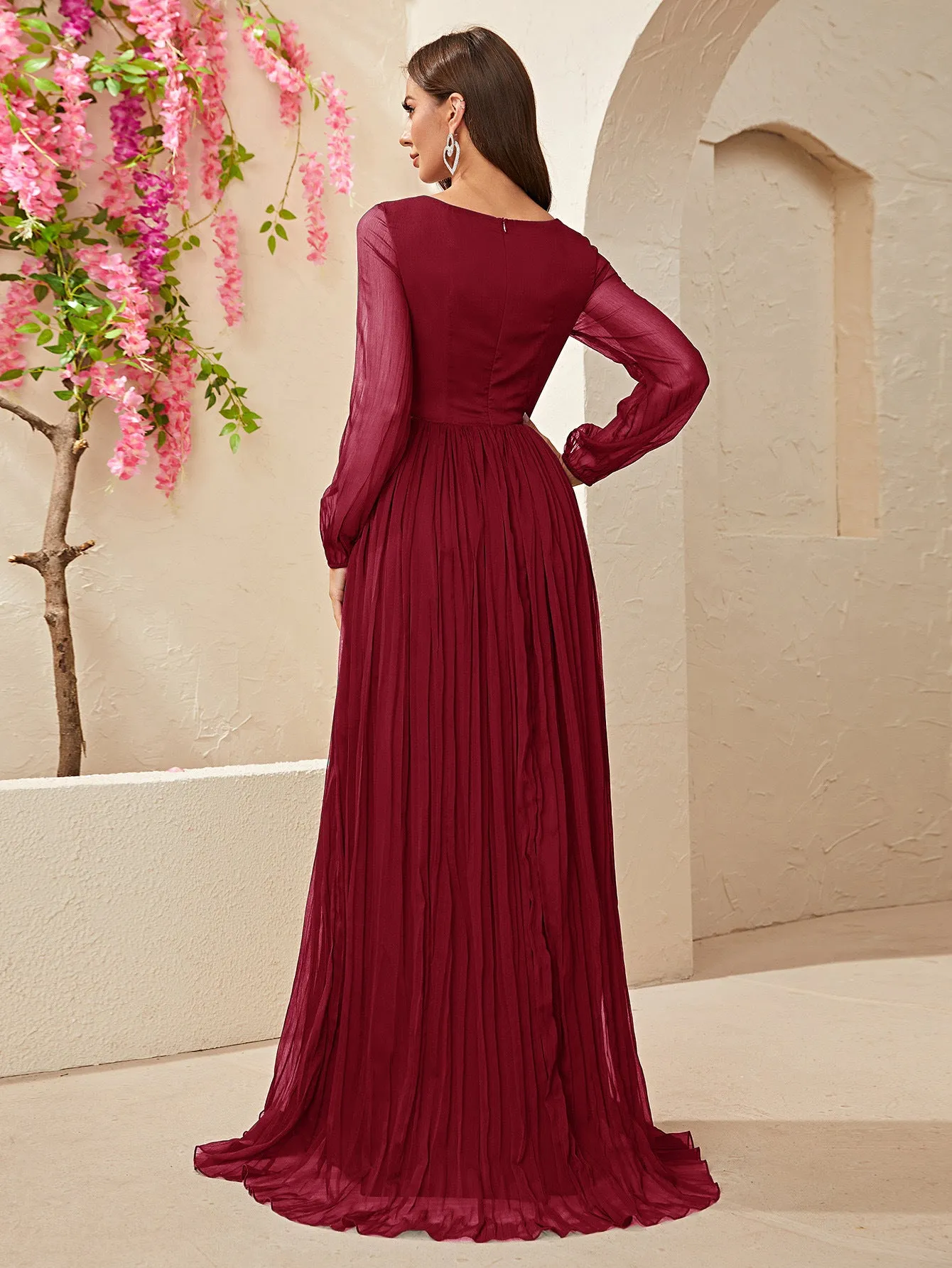 Elegant Long Sleeve Chiffon Lace Slit Formal Dress