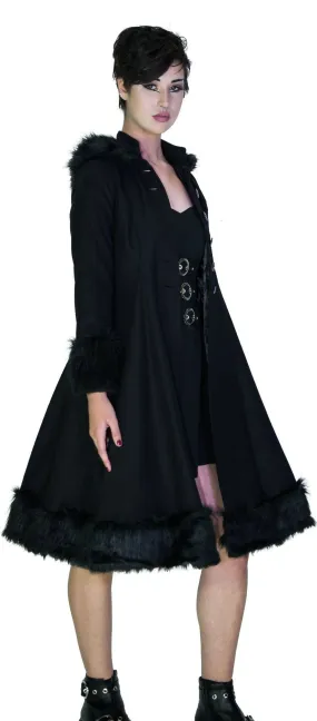 Faux Fur Hooded Black Wool Coat - Glinda