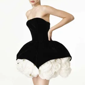 Flower-embellished Hem Black Strapless Mini dress
