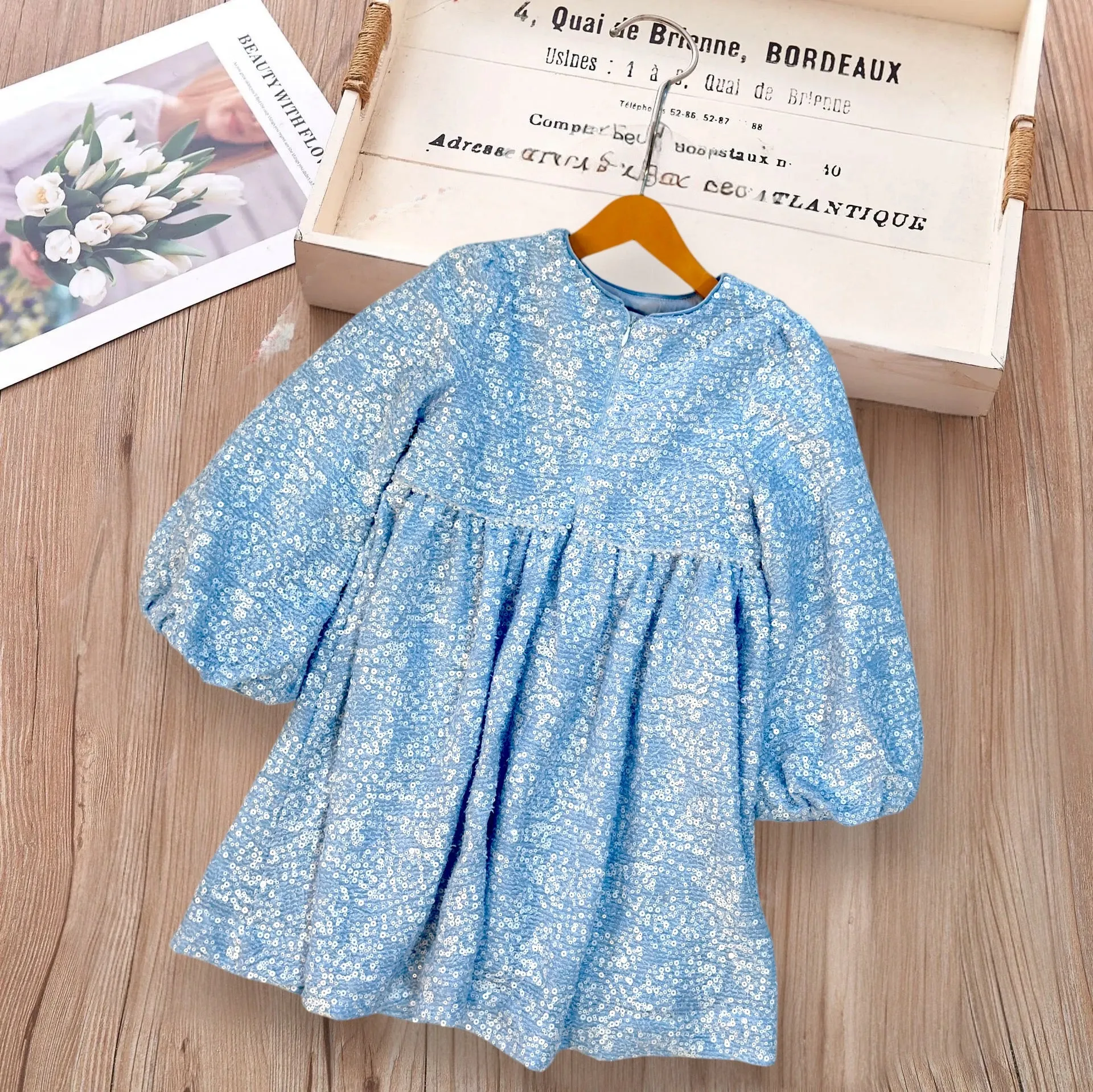 Girls Sequins Blue Party Wear Dress