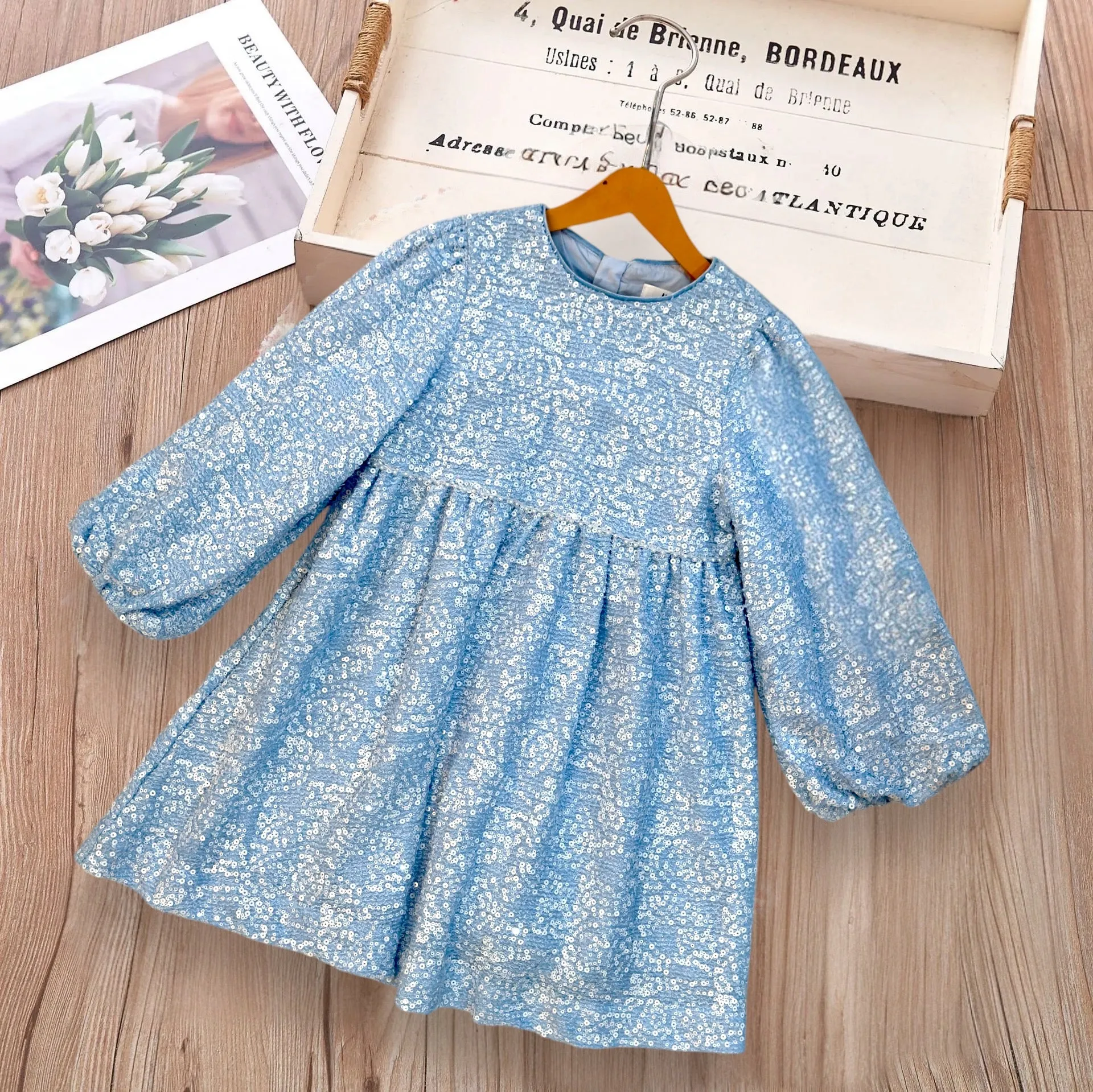 Girls Sequins Blue Party Wear Dress