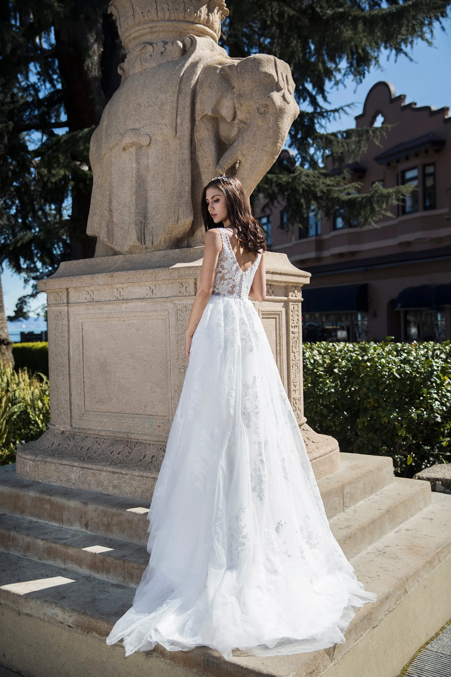 Gloria - Selena Huan deep V-neck illusive Chantilly Lace light-weighted ball gown